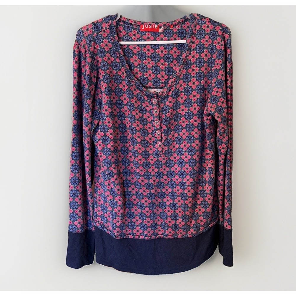 Josie Natori Flower Bohemian Oversized Cottagecore Henley Shirt Size Women's M